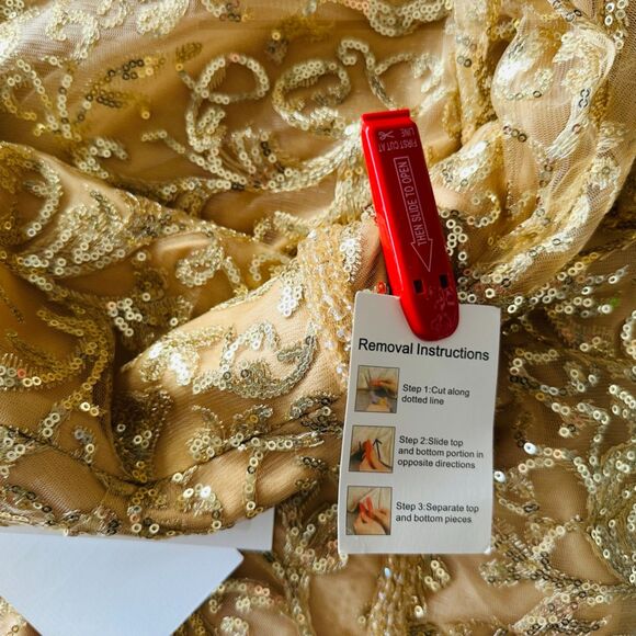 Mac Duggal Gold Sequined V Neck Cap Sleeve Dress Size 14 Midi Dress 68012 New - Picture 6 of 9